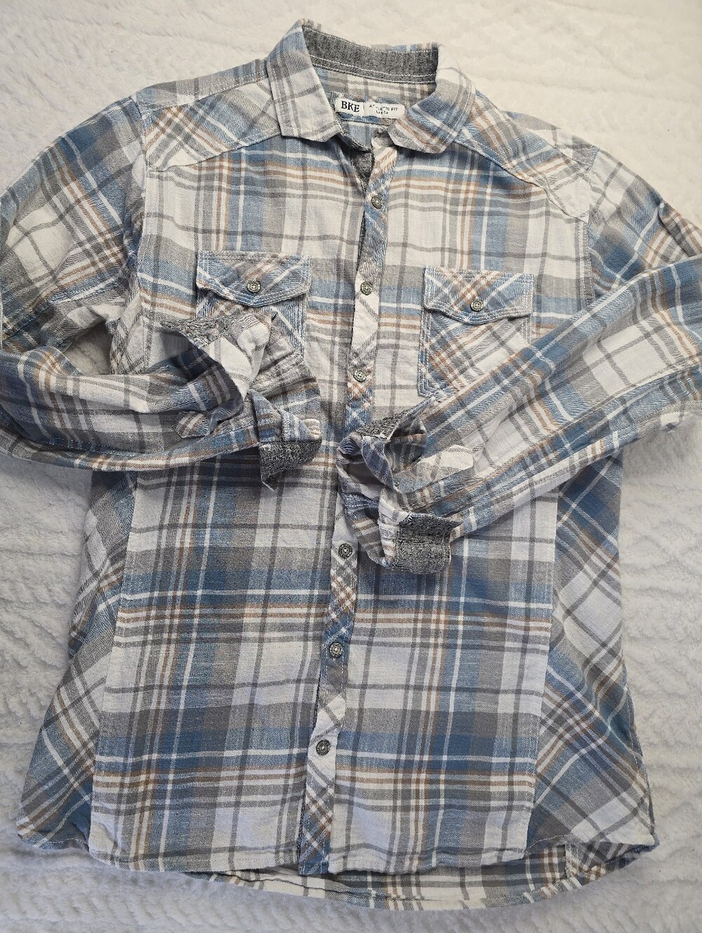 BKE Plaid Button-up Shirt Blue Gray Flannel Cotton Athletic Fit Western L